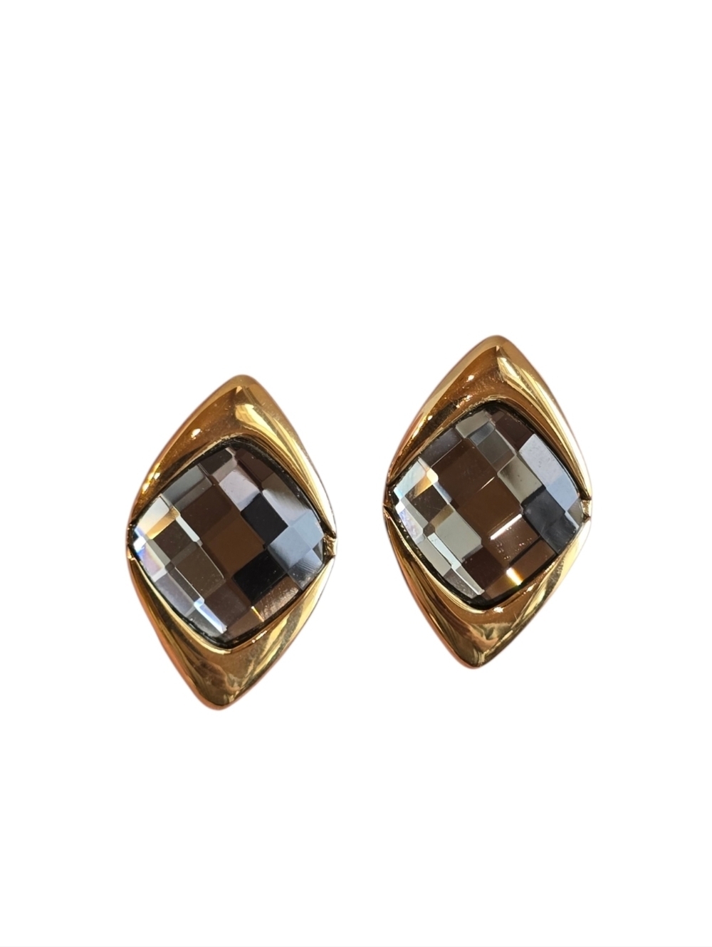 Ion Plated Goldtone Faceted Glass Diamond Shape Pierced Earrings